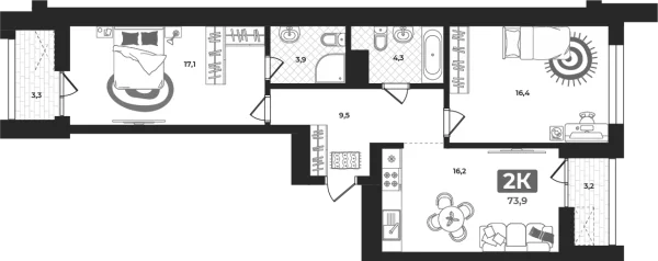 Новая 2-к квартира
 73.9 м² на 6/23 этаже в ЖК «Маэстро» в городе Тюмень 
