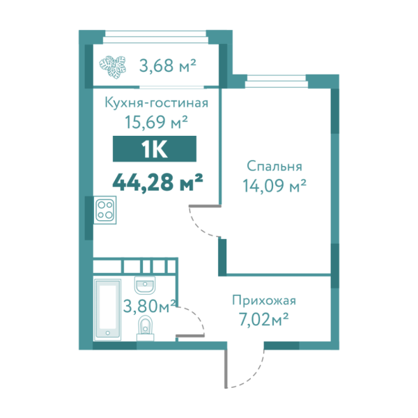 Новая 1-к квартира
 44.28 м² на 6/10 этаже в ЖК «Акватория» в городе Тюмень 
