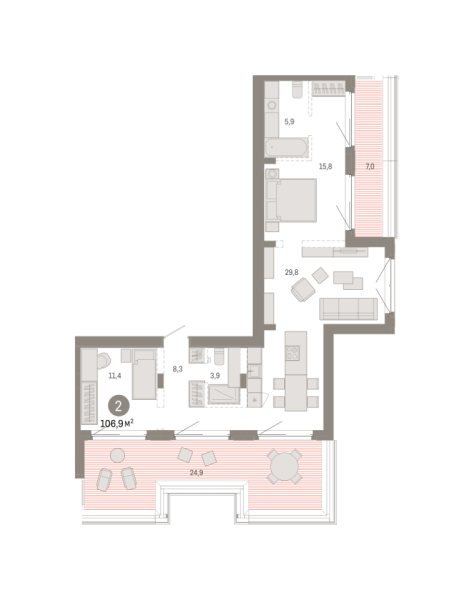 Новая 2-к квартира
 106.88 м² на 7/7 этаже в ЖК «Кварталы «На Минской»» в городе Тюмень 