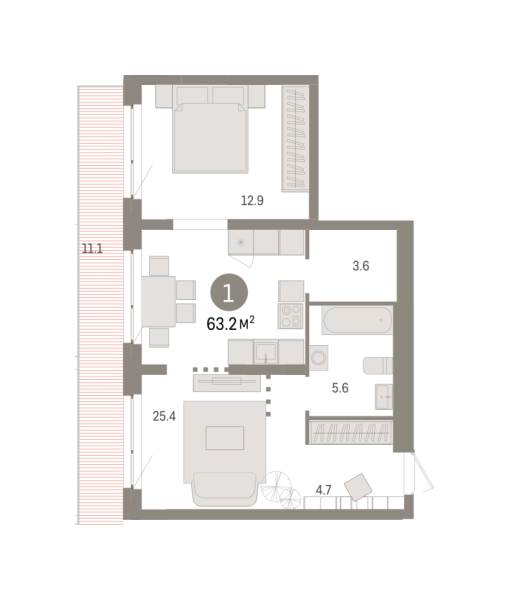 Новая 1-к квартира
 63.21 м² на 9/9 этаже в ЖК «Новин» в городе Тюмень 