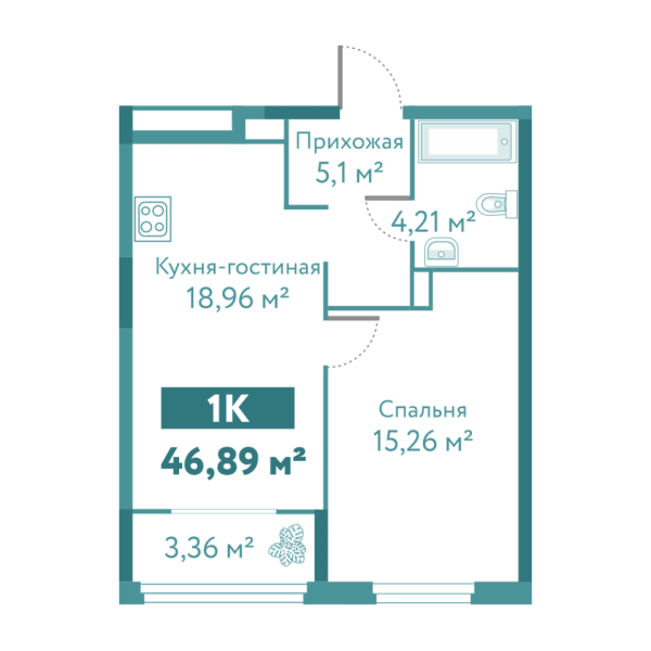 Новая 1-к квартира
 46.89 м² на 1/10 этаже в ЖК «Акватория» в городе Тюмень 