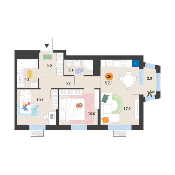 Новая 2-к квартира
 55.4 м² на 19/25 этаже в ЖК «Корней» в городе Тюмень 