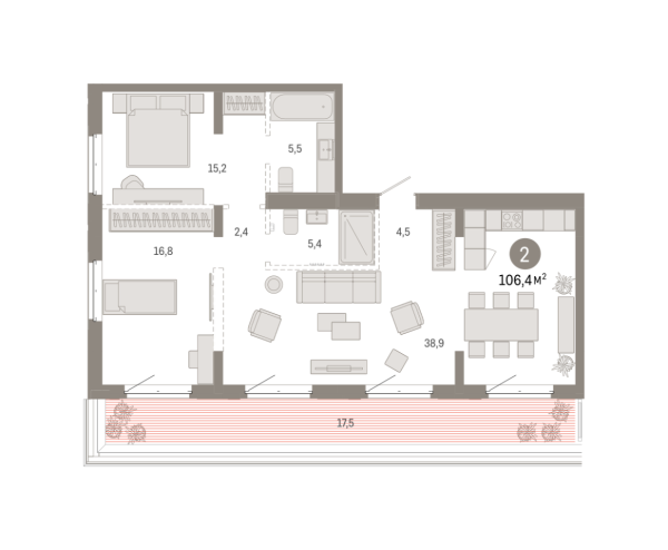 Новая 2-к квартира
 106.36 м² на 7/8 этаже в ЖК «Кварталы «На Минской»» в городе Тюмень 