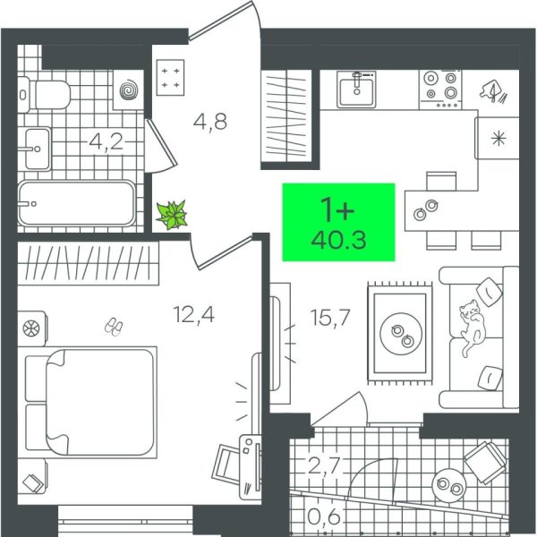 Новая 1-к квартира
 40.39 м² на 12/21 этаже в ЖК «Гранд Квартал» в городе Тюмень 