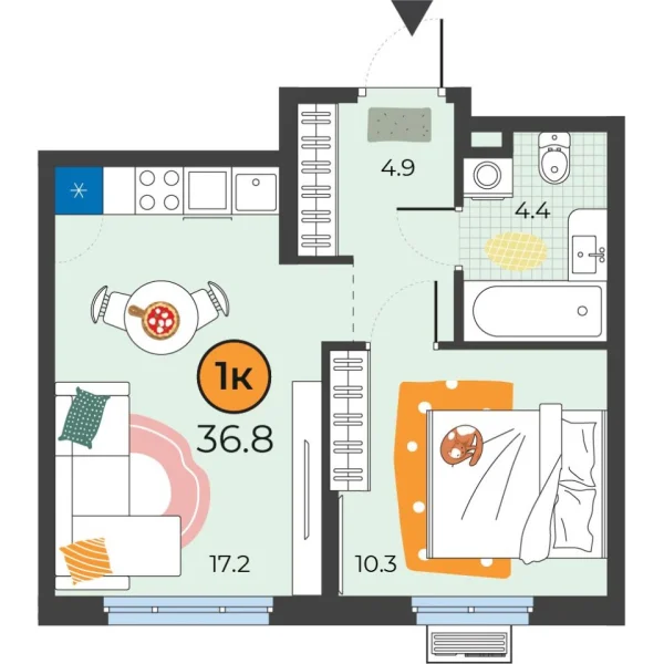 Новая 1-к квартира
 36.8 м² на 6/25 этаже в ЖК «Корней» в городе Тюмень 
