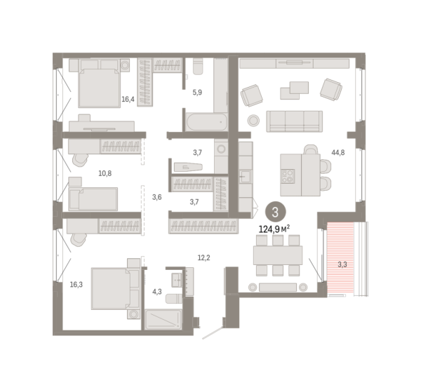 Новая 3-к квартира
 124.86 м² на 7/7 этаже в ЖК «Кварталы «На Минской»» в городе Тюмень 