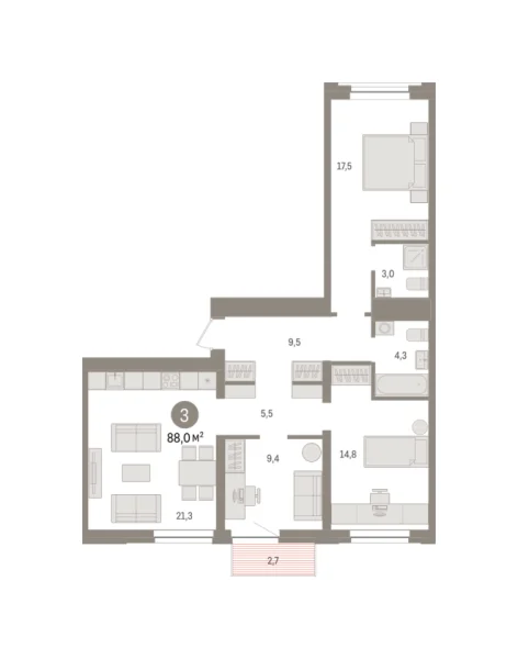 Новая 3-к квартира
 87.9 м² на 5/10 этаже в ЖК «Речной порт» в городе Тюмень 