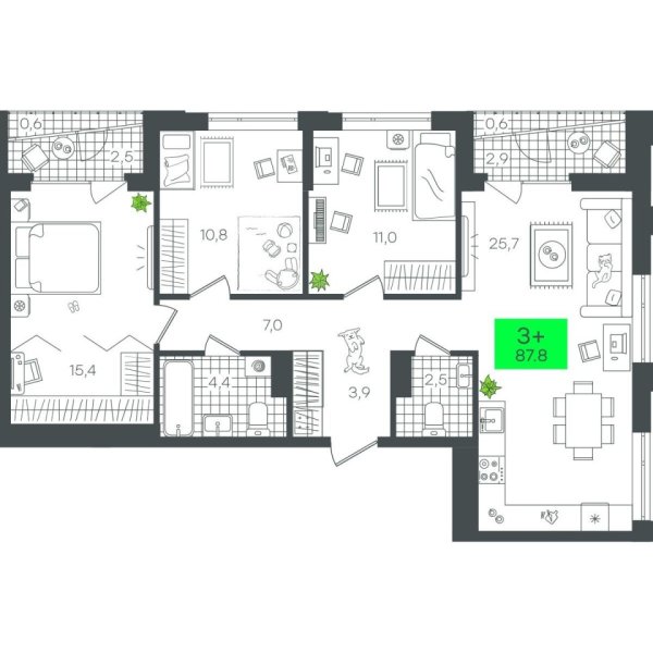 Новая 3-к квартира
 87.83 м² на 8/21 этаже в ЖК «Гранд Квартал» в городе Тюмень 