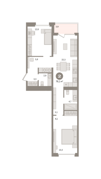 Новая 2-к квартира
 78.1 м² на 4/21 этаже в ЖК «Дом «А»» в городе Тюмень 