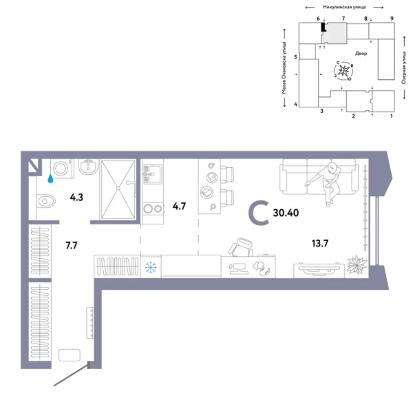 Новая квартира-студия
 30.4 м² на 24/30 этаже в ЖК «Страна.Озёрная» в городе Тюмень 