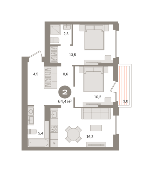 Новая 2-к квартира
 64.37 м² на 4/9 этаже в ЖК «Первый квартал» в городе Тюмень 