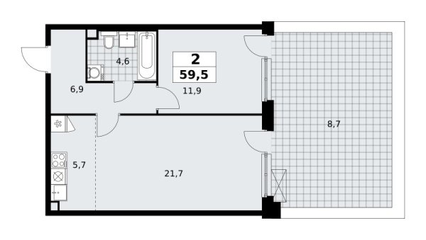 Новая 2-к квартира
 59.5 м² на 2/17 этаже в ЖК «Прокшино» в городе Тюмень 