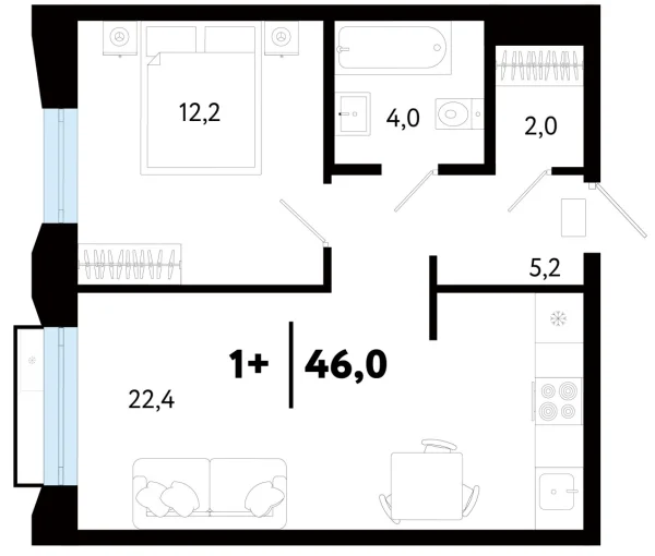 Новая 1-к квартира
 46.05 м² на 20/25 этаже в ЖК «Кедровый берег» в городе Тюмень 