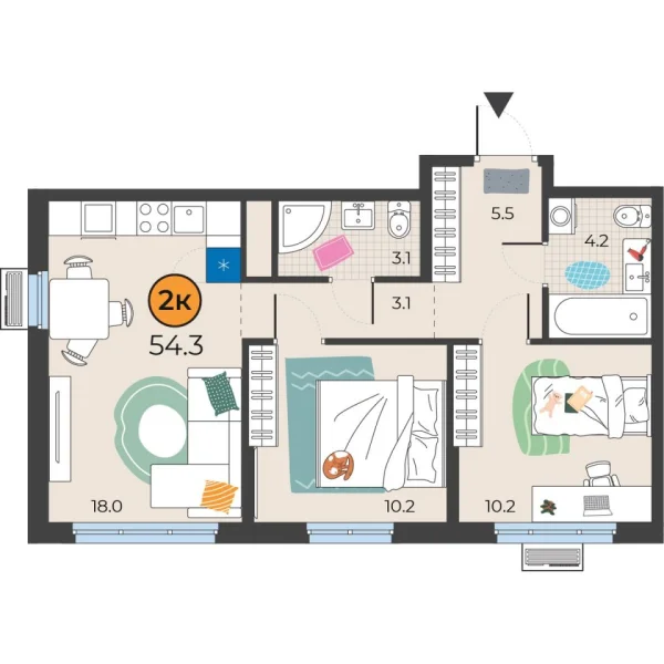 Новая 2-к квартира
 54.3 м² на 6/25 этаже в ЖК «Корней» в городе Тюмень 