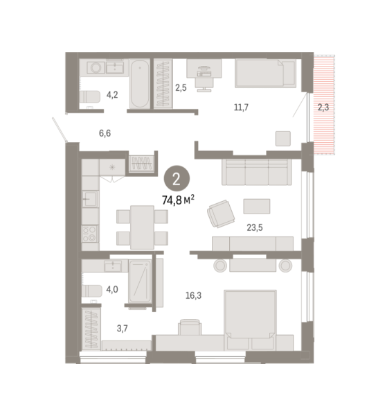 Новая 2-к квартира
 74.82 м² на 14/17 этаже в ЖК «Октябрьский на Туре» в городе Тюмень 