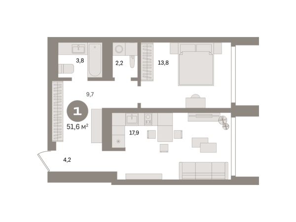 Новая 1-к квартира
 51.6 м² на 22/24 этаже в ЖК «Южные кварталы» в городе Тюмень 