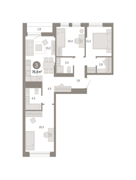 Новая 3-к квартира
 76.79 м² на 9/9 этаже в ЖК «Республики 205» в городе Тюмень 