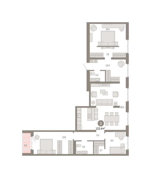 Новая 3-к квартира
 123.35 м² на 10/11 этаже в ЖК «Кварталы «На Минской»» в городе Тюмень 