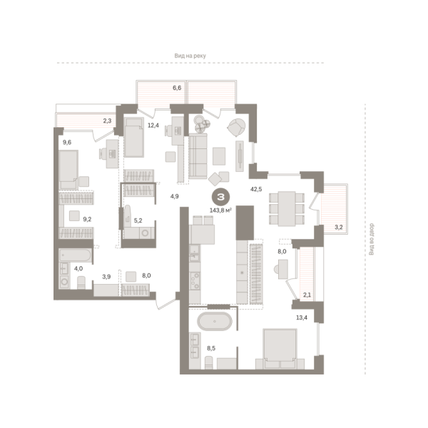 Новая 3-к квартира
 143.84 м² на 24/25 этаже в ЖК «Октябрьский на Туре» в городе Тюмень 