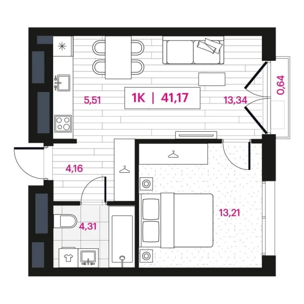 Новая 1-к квартира
 41.17 м² на 14/16 этаже в ЖК «Пушкина» в городе Тюмень 
