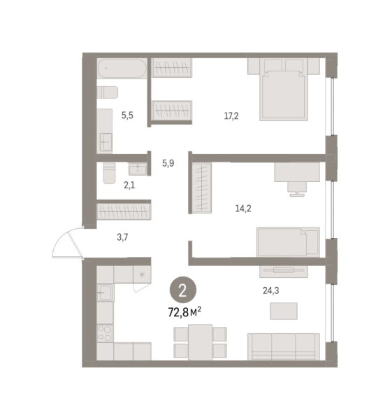 Новая 2-к квартира
 72.8 м² на 4/16 этаже в ЖК «Шишимская горка» в городе Тюмень 