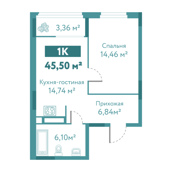 Новая 1-к квартира
 45.5 м² на 7/10 этаже в ЖК «Акватория» в городе Тюмень 