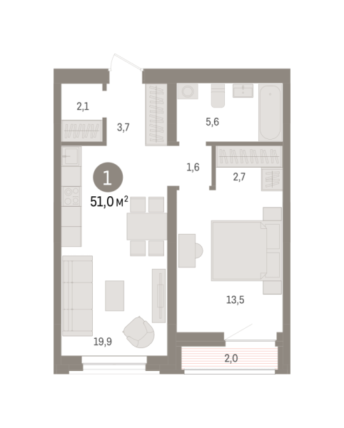 Новая 1-к квартира
 50.8 м² на 6/10 этаже в ЖК «Речной порт» в городе Тюмень 