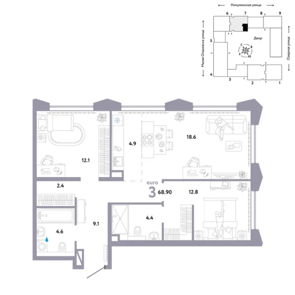 Новая 3-к квартира
 68.9 м² на 16/30 этаже в ЖК «Страна.Озёрная» в городе Тюмень 