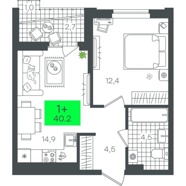 Новая 1-к квартира
 40.27 м² на 8/12 этаже в ЖК «Гранд Квартал» в городе Тюмень 