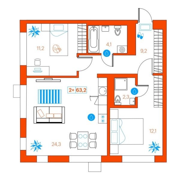 Новая 2-к квартира
 63.5 м² на 20/22 этаже в ЖК «SuperSky» в городе Тюмень 