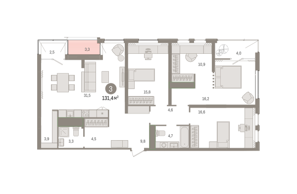 Новая 3-к квартира
 131.4 м² на 9/17 этаже в ЖК «Новин» в городе Тюмень 