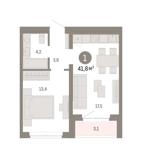 Новая 1-к квартира
 41.81 м² на 6/7 этаже в ЖК «Кварталы «На Минской»» в городе Тюмень 