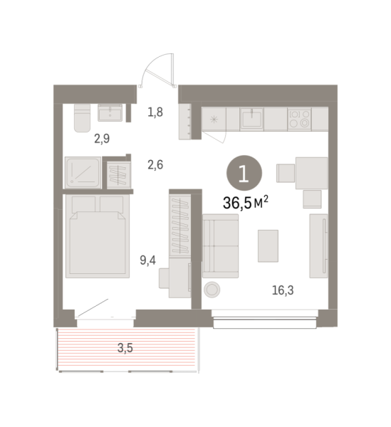 Новая 1-к квартира
 36.5 м² на 3/9 этаже в ЖК «Квартал Нефть» в городе Тюмень 