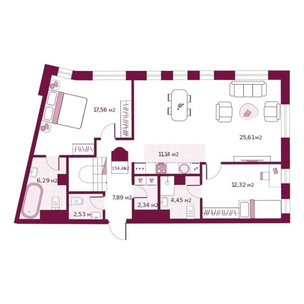 Новая 2-к квартира
 154.41 м² на 5/6 этаже в ЖК «Secret Place» в городе Тюмень 