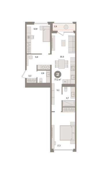 Новая 2-к квартира
 77.1 м² на 9/21 этаже в ЖК «Дом «А»» в городе Тюмень 