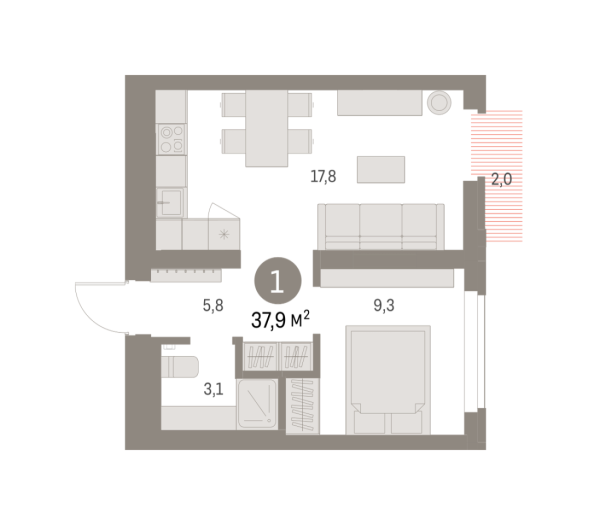 Новая 1-к квартира
 37.9 м² на 7/9 этаже в ЖК «Брусника в Академическом» в городе Тюмень 