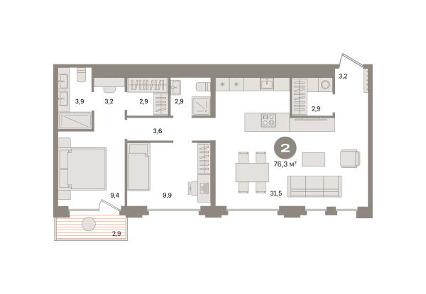 Новая 2-к квартира
 76.3 м² на 8/21 этаже в ЖК «Дом «А»» в городе Тюмень 