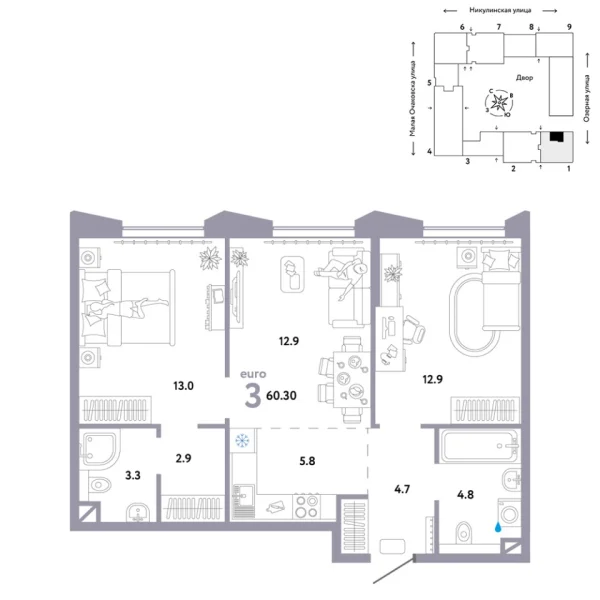 Новая 3-к квартира
 60.3 м² на 27/30 этаже в ЖК «Страна.Озёрная» в городе Тюмень 